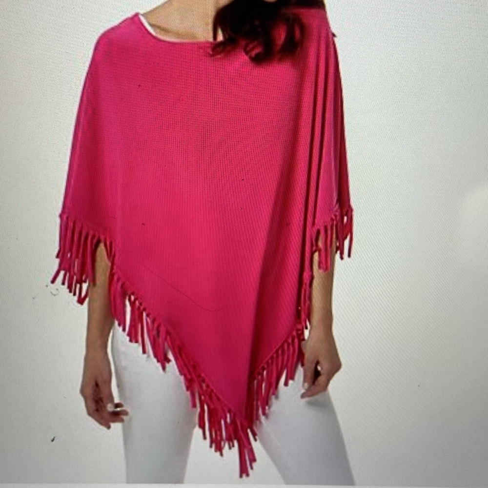Attitudes by Renee Como Jersey Fringe Trim Poncho Blue Grotto M/L - Picture 4 of 15